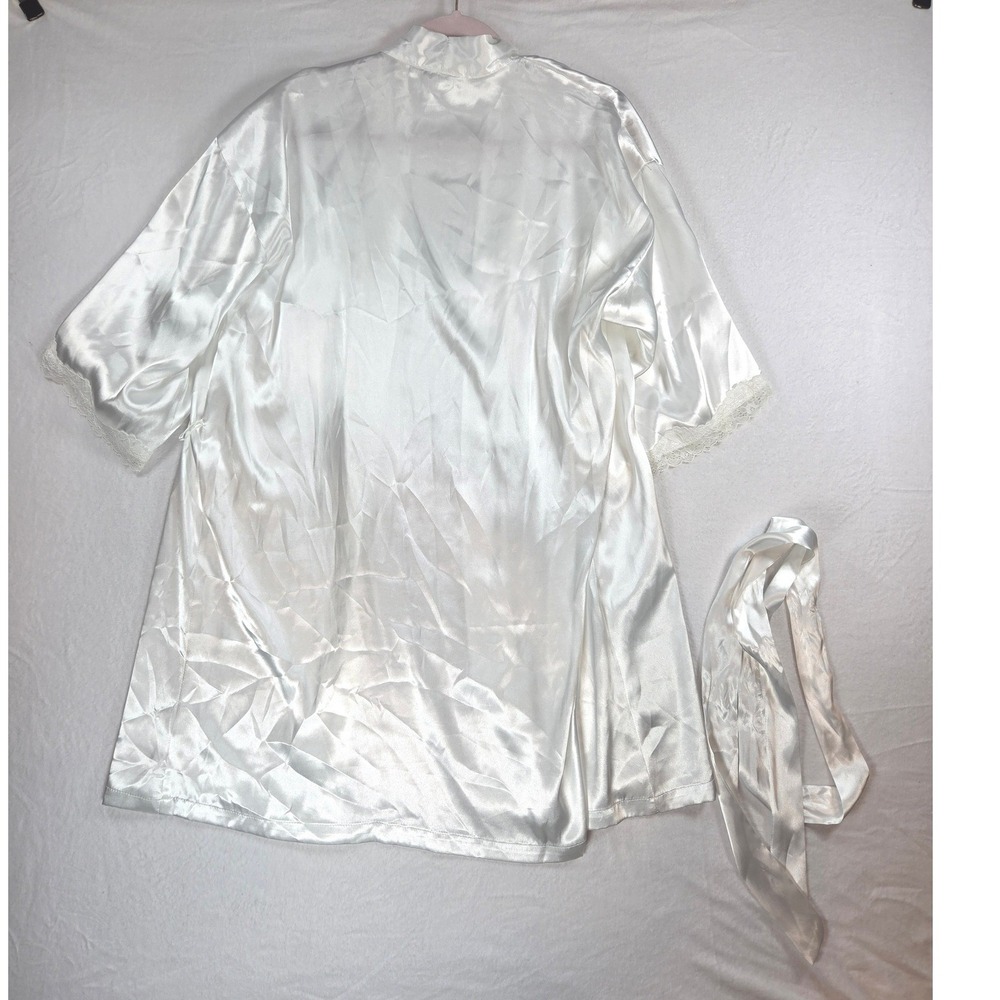Linea Donatella White Satin Mini Robe Short Lacey Sleeve Bride Wedding Night S M